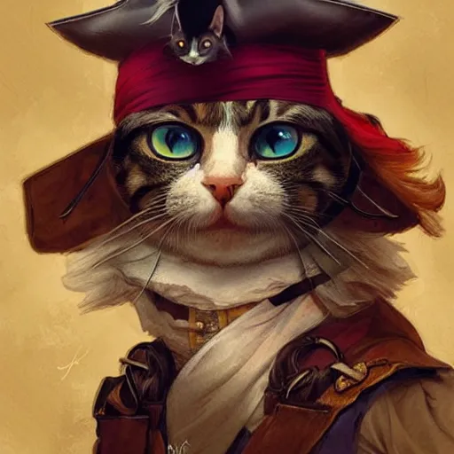 Image similar to Portrait of a Cat as a Pirate, photo, photorealistic, highly detailed, digital painting, artstation, concept art, smooth, sharp focus, illustration, art by artgerm and greg rutkowski and alphonse mucha