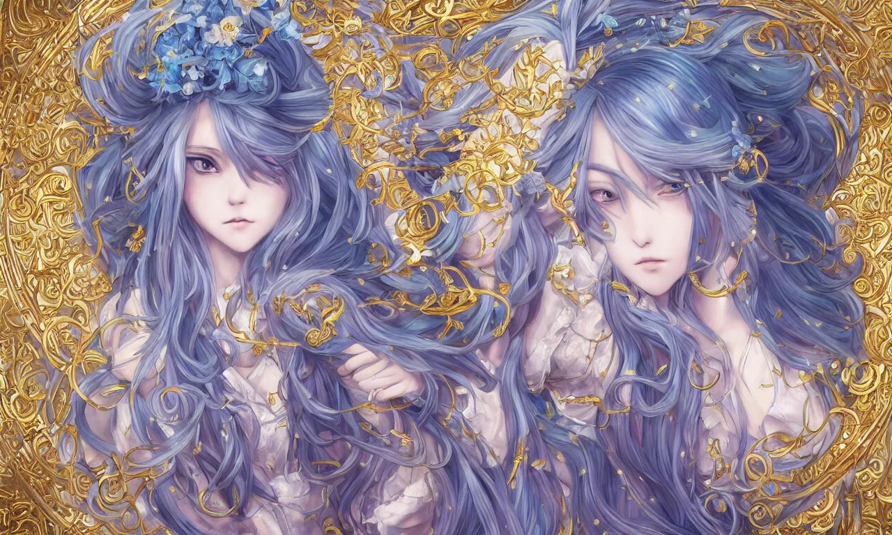 Prompt: breathtaking detailed anime painting of a knight queen with long flowing blue hair, pastel flowers petals and golden ribbons flying, art by pilyeon and yuumei art, symmetrical facial features, at dawn in front of a pristine golden art nouveau cathedral, elegant, volumetric lighting, highly detailed, artstation, concept art, matte, sharp focus,