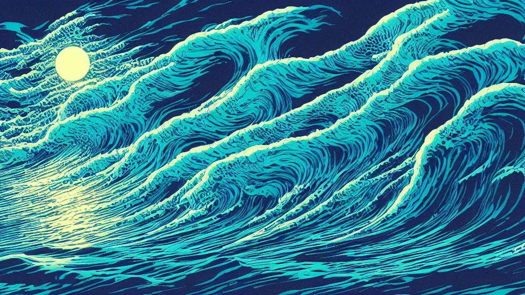 Prompt: highly detailed and colorful illustration of high exposure ocean waves at night by makoto shinkai, by moebius, by aaron horkey, by nico delort, by dan mumford, by otomo, kodachrome, 4 k resolution