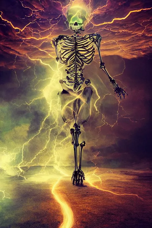 Image similar to stunning eerie god metamorphing into a skeleton, hyperrealism, photorealistic art, digital arts, intricate details and composition, whirpool of tornado and electric lightening in the bokeh background, surreal colors, 4 k, 8 k, artstation