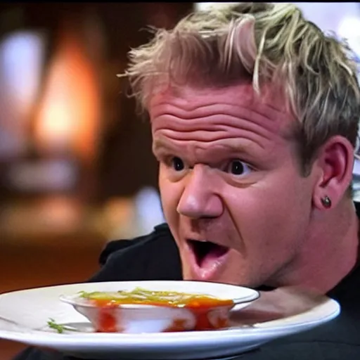 Image similar to <photo hd reaction>Gordon Ramsey in furious rage about the amount of ketchup on his plate</photo>