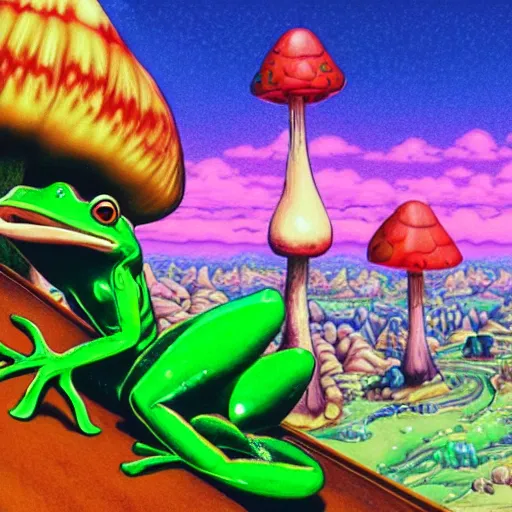 Image similar to A close up portrait of a dignified psychedelic godlike anthropomorphic frog smoking an anime blunt , magic mushroom village in background . award winning. superb resolution. in the art style of junji Ito and greg rutkowski . Detailed Mushroom city in background. Hyper realistic anime. Perfect art. Dalle2