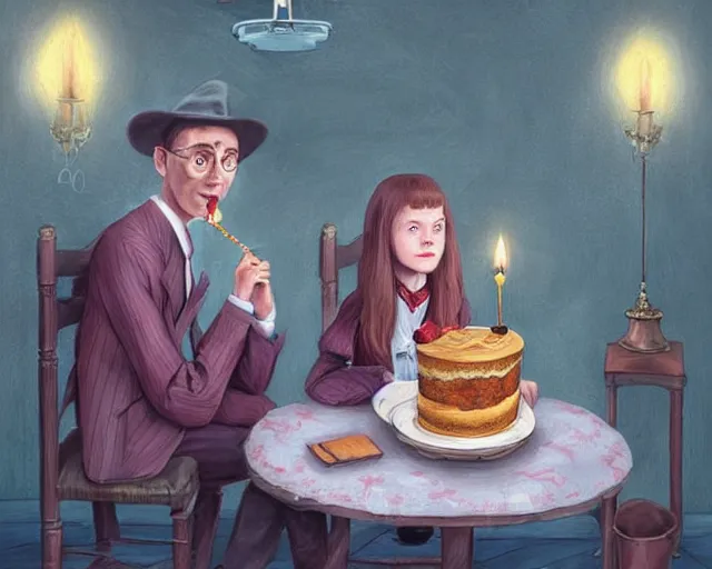 Prompt: Forrest gump eating a cake in hogwarts, digital art, highly detailed, in the style of Mandy Jurgens