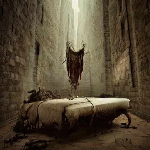 Prompt: michal karcz surrealism painting of the monster under your bed. , horror theme, detailed, elegant, intricate, 4k,