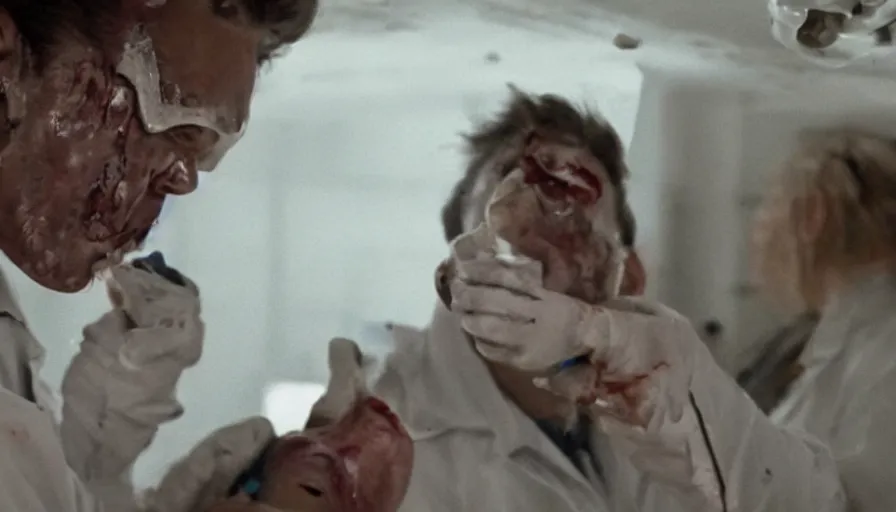 Image similar to big budget action movie about dead scientist's bloody head wound