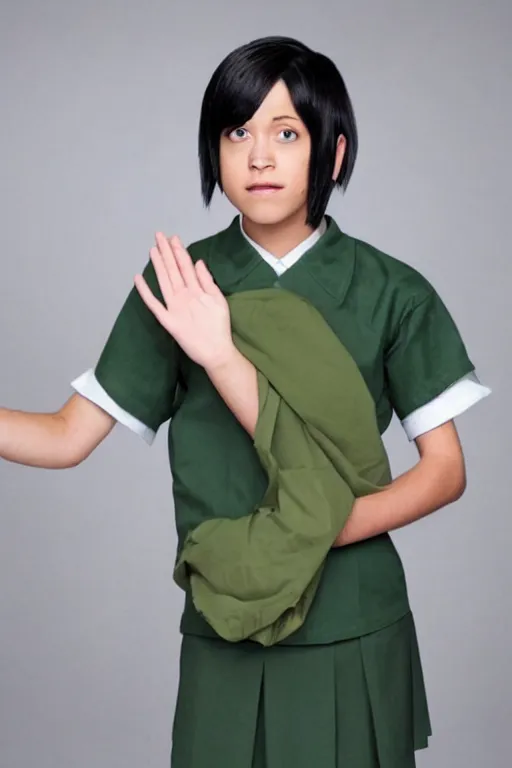 Prompt: a full - length photo of real life toph from avatar wearing a school uniform