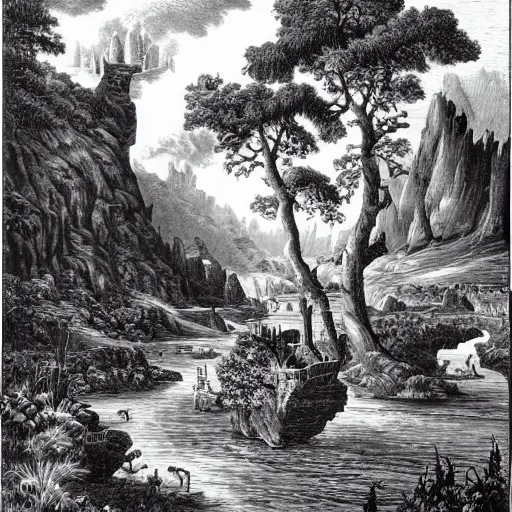 Prompt: impressive fantasy landscape, pure b & w, engraving illustration, masterpiece
