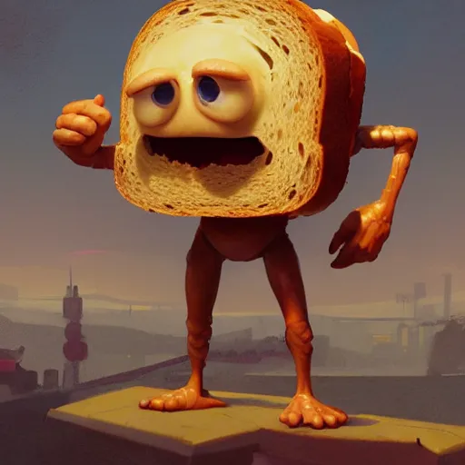 Image similar to a large slice of toasted bread with a face, arms and legs, cute pixar character, volumetric lighting, dynamic composition, fantasy, hyper detailed, ultra realistic, sharp focus, octane render, concept art by sachin teng and sergey kolesov and ruan jia and heng z