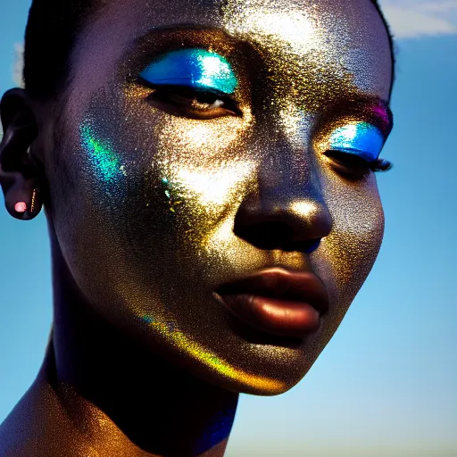 Image similar to portrait of metallic face, african woman, iridescent color reflections, proud looking, outdoor, blue sky, 8 k, realistic, depth of field, highly detailed, art photography