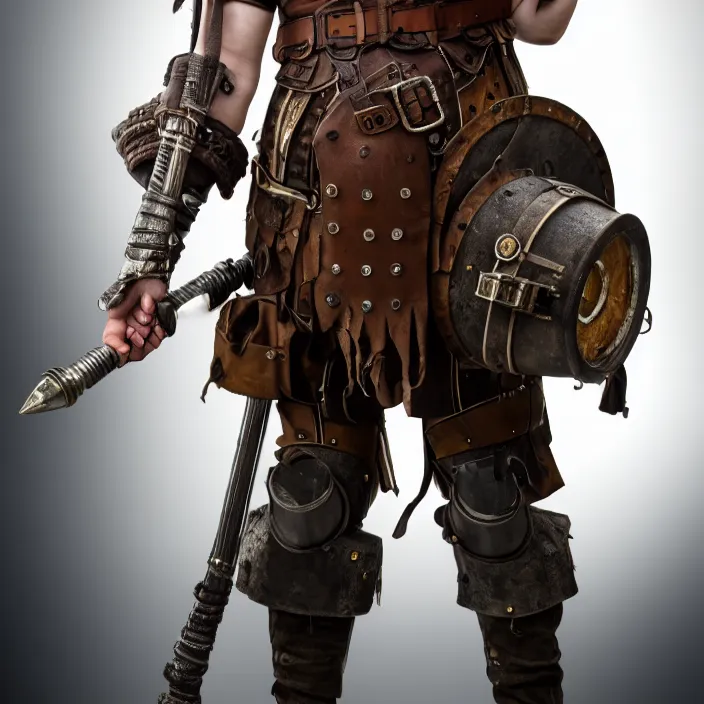 Image similar to professional full length photograph of a dieselpunk warrior. Extremely detailed. 8k