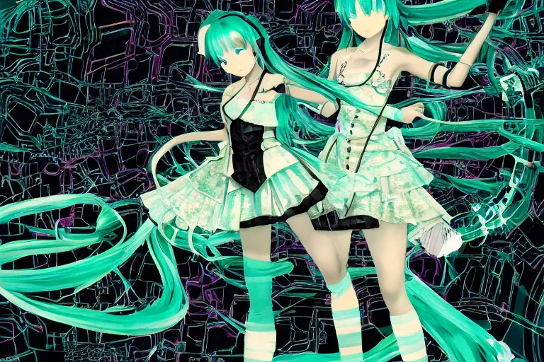 Image similar to fractal hatsune miku gnu / linux desktop environment, romance novel cover, cookbook photo, in 1 9 9 5, y 2 k cybercore, industrial photography, still from a ridley scott movie