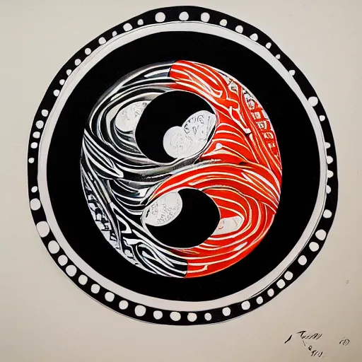 Image similar to koi fish inside a yin yang circle, red white and black, highly detailed, hand painted