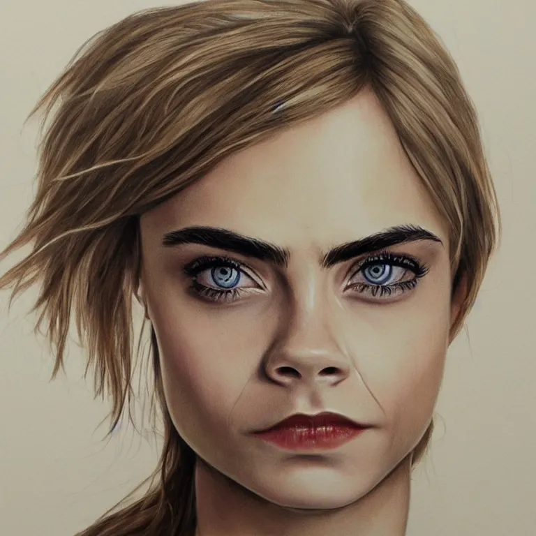 Image similar to Concept-art portrait of Cara Delevingne, photorealism, smiling face, clear eyes, pencil painting