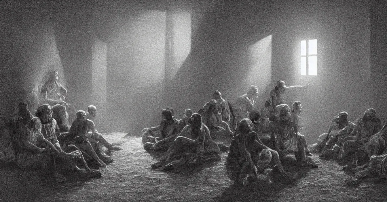 Image similar to human beings sit in the cinema and watch reflections of their lives on screen of life illusion, projecting by volumetric light of consciousness, realistic, deep sense of spirituality, visual plasticity, unreal engine quality, raytracing, vray shading, style of jean - francois millet