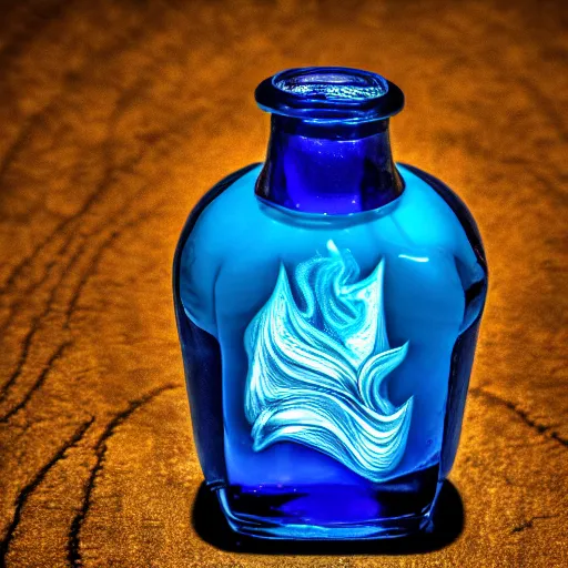 Image similar to blue flame in a bottle, 4 k, photography, highly detailed