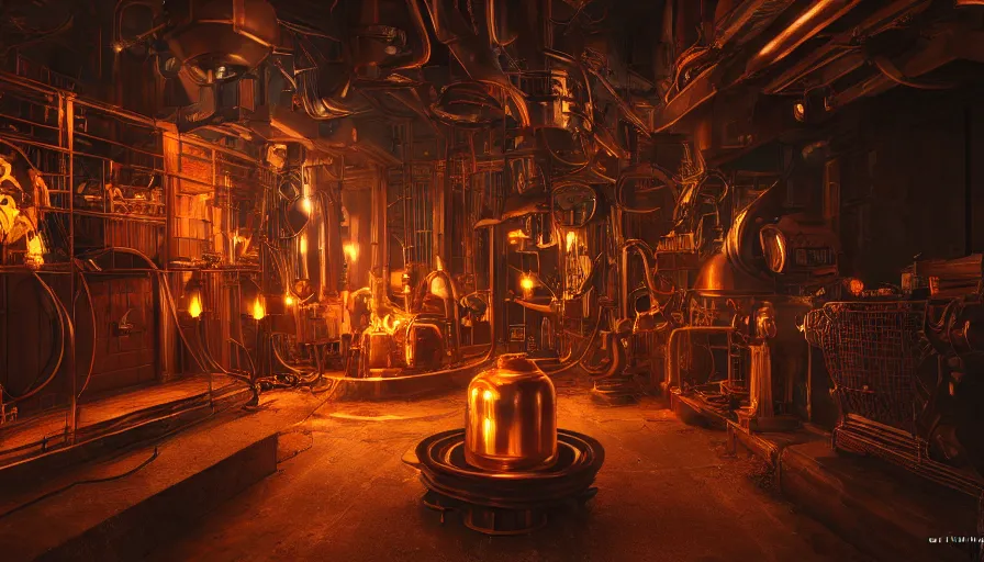 Prompt: A glowing electrical Steampunk garbage disposal in a victorian museum, james gurney, cinematic lighting, lots of steam and sparks, wires made of copper, artstation, vibrant nature, Tuomas Korpi, tekkon kinreet, volumetric light, artstation, , octane render, redshift render, low angle camera, rich deep moody colors