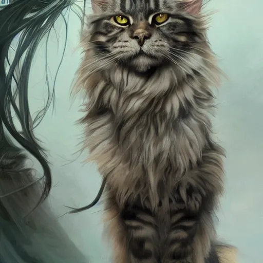 Prompt: maine coon, anthropomorphic large maine coon, bipedal, muskateer. character concept, digital painting, artstation, concept art, smooth, super sharp focus, illustration, art by artgerm and h r giger and alphonse mucha