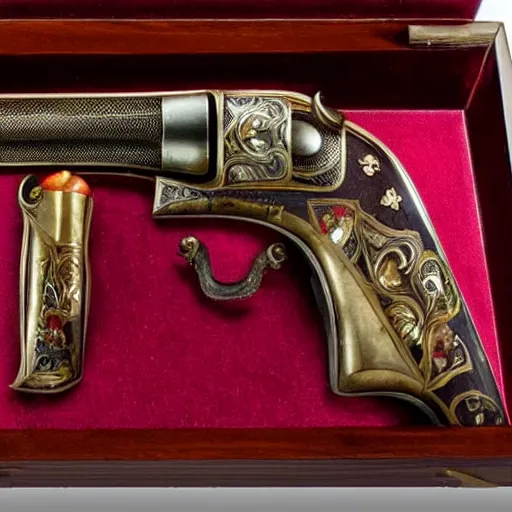 Prompt: an elegant set of victorian dueling pistols decorated with an apple theme, in a velvet lined case