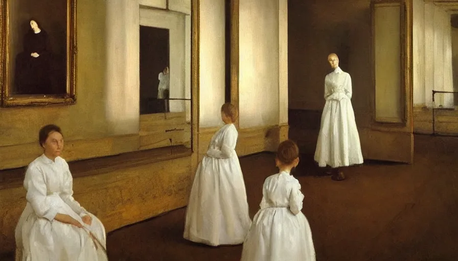 Image similar to painting by borremans, queen in a hall with mirrors on the walls, detailed, stunning