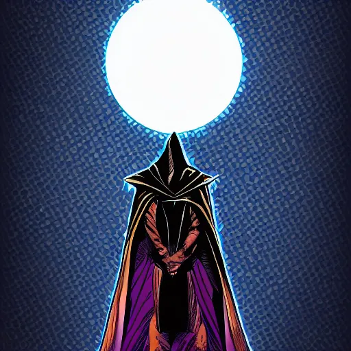 Image similar to A comic book cover page of a cloaked mage, digital art, comic book, detailed