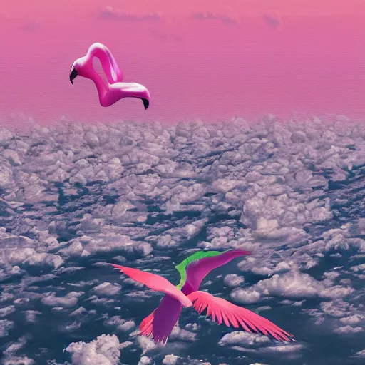 Image similar to toni wearing a flamingo fashion, photoshop, colossal, creative, giant, digital art, city, photo manipulation, clouds, sky view from the airplane window