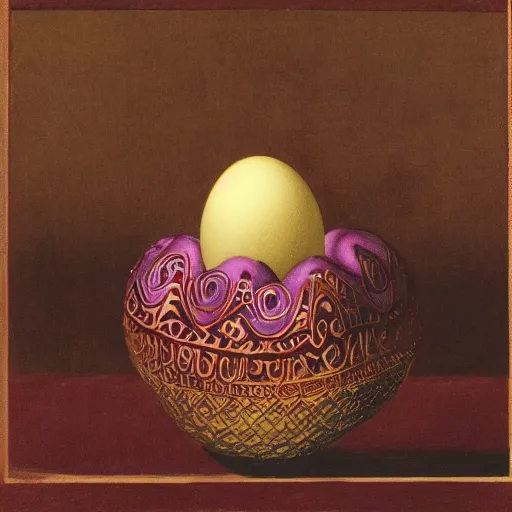 Image similar to a ornate detailed red and purple glowing egg, an eggplant fruit still on the vine