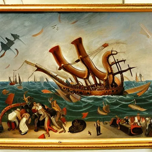 Image similar to A giant squid destroying a cruise ship in the middle of the ocean, oil painting by Jan Steen