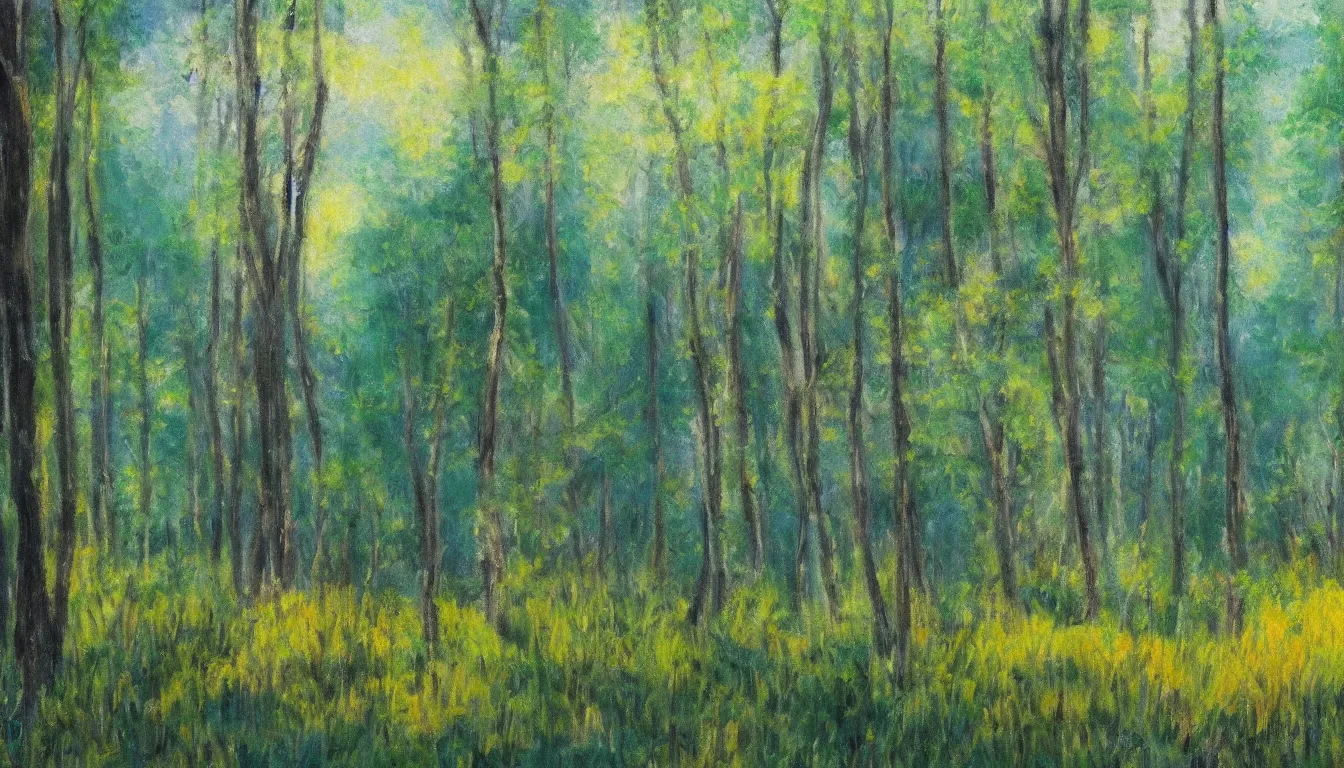 Prompt: a clearing in a forest painted by Bob Ross