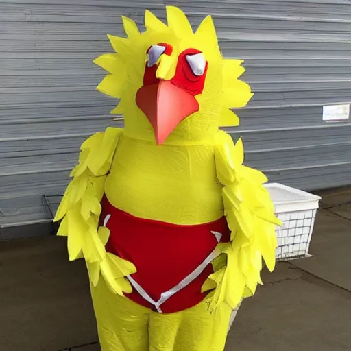 Image similar to a middle aged man in a poorly done chicken costume