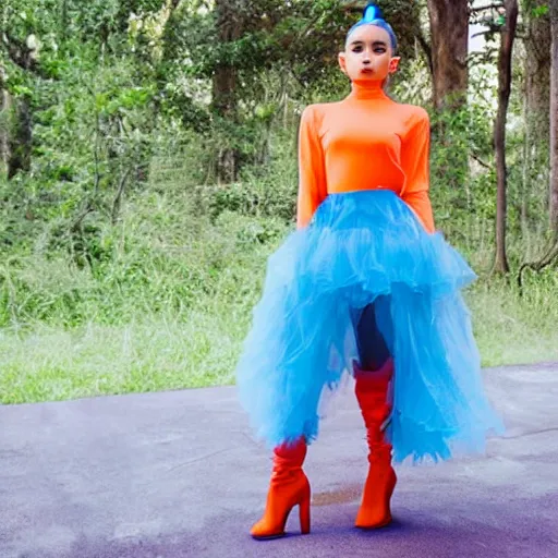 Image similar to the 2 0 2 2 award winning photo of ariana grande wearing a trash bag, cinematic, atmospheric, vivid, colorful, orange & teal, susan worsham photograph