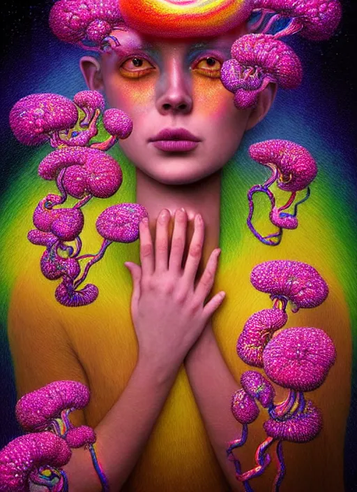 Image similar to hyper detailed 3d render like a chiaroscuro Oil painting - Aurora (metallic iridescent rainbow faced goddess) seen Eating of the Strangling network of yellowcake aerochrome and milky Fruit and Her delicate Hands hold of gossamer polyp blossoms bring iridescent fungal flowers whose spores black out the foolish stars by Jacek Yerka, Mariusz Lewandowski, Houdini algorithmic generative render, Abstract brush strokes, Masterpiece, Edward Hopper and James Gilleard, Zdzislaw Beksinski, Mark Ryden, Wolfgang Lettl, hints of Yayoi Kasuma, octane render, 8k