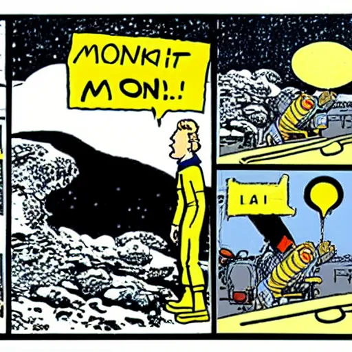 Image similar to the first landing on the moon, comic by herge