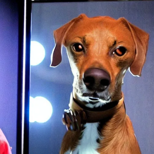 Prompt: snoop dogg looking at his reflection in the mirror but he sees a dog looking back