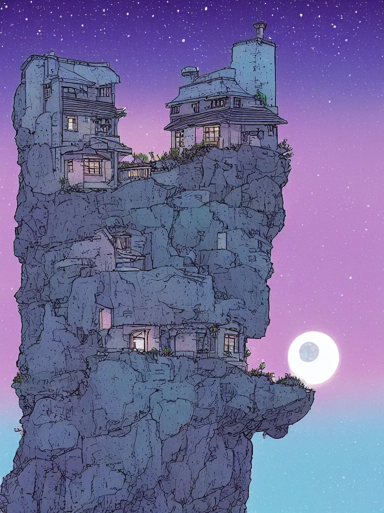 Image similar to a digital art of a small house on the cliff, a huge icy blue moon, a purple sky full of small stars, by laurie greasley, artstation, studio ghibli color scheme