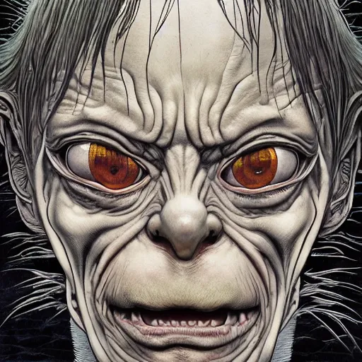 Image similar to portrait of gollum, symmetrical, by yoichi hatakenaka, masamune shirow, josan gonzales and dan mumford, ayami kojima, takato yamamoto, barclay shaw, karol bak, yukito kishiro