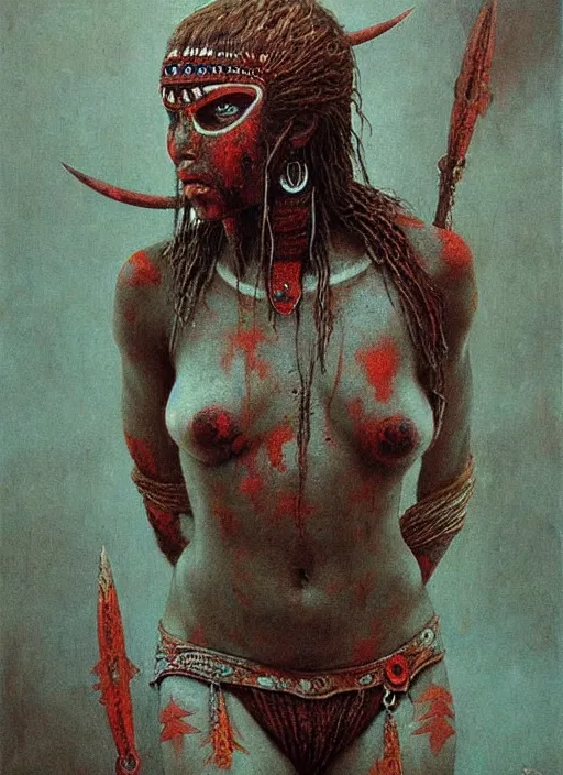 Prompt: warrior girl in tribal painting by Beksinski