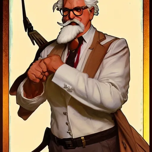 Prompt: a full body portrait of colonel sanders the greek god!! fighting in hell against a starving hillbilly!!! extremely beautiful, anatomically accurate, by artgerm and by greg rutkowski and by alphonse mucha and by simon bisley, radiant light, detailed and intricate environment,