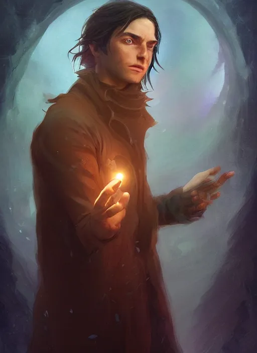 Image similar to side profile of a man with long black hair in brown rags holding a magical orb, fantasy, digital painting, volumetric light, intricate, sharp, focus, bloom, illustration, highly detailed, concept art, matte, art by anna dittmann and ilya kuvshinov and greg rutkowski, masterpiece