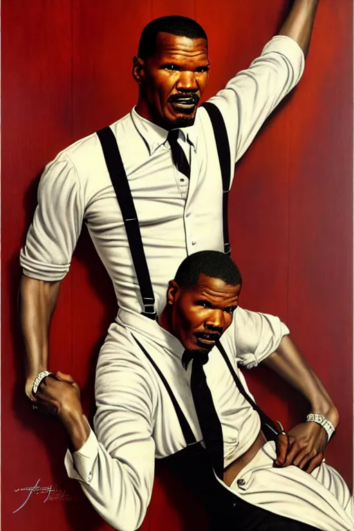 Image similar to jamie foxx by gil elvgren and norman rockwell and rob gonsalves and hajime sorayama, hyperrealistic, high detail, ultra detailed, highly detailed face, ruffled fabric