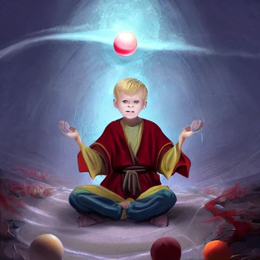 Image similar to Portrait of a 12 year old white boy with blond medium length hair, sitting cross-legged, wearing red sorcerer's robes, holding a crystal ball in his hands and gazing into it, inside of a cabin, Dungeon's & Dragons, digital illustration, deviantart, matte fantasy painting, by Jason Felix by Steve Argyle by Tyler Jacobson by Peter Mohrbacher