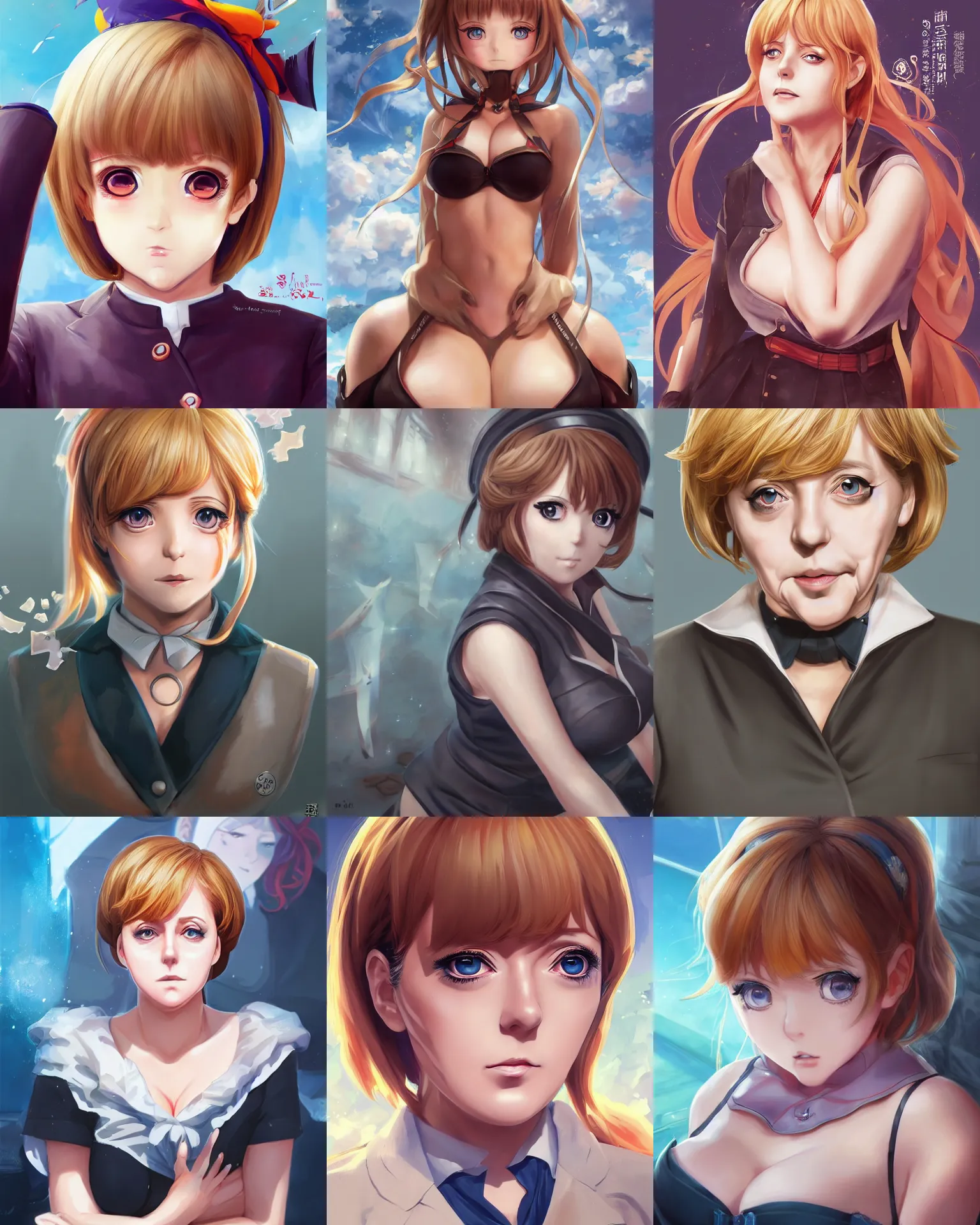 Prompt: An anime portrait of Angela Merkel great cleavage, big eyes, cute, by Stanley Artgerm Lau, WLOP, Rossdraws, James Jean, Andrei Riabovitchev, Marc Simonetti, and Sakimichan, tranding on artstation
