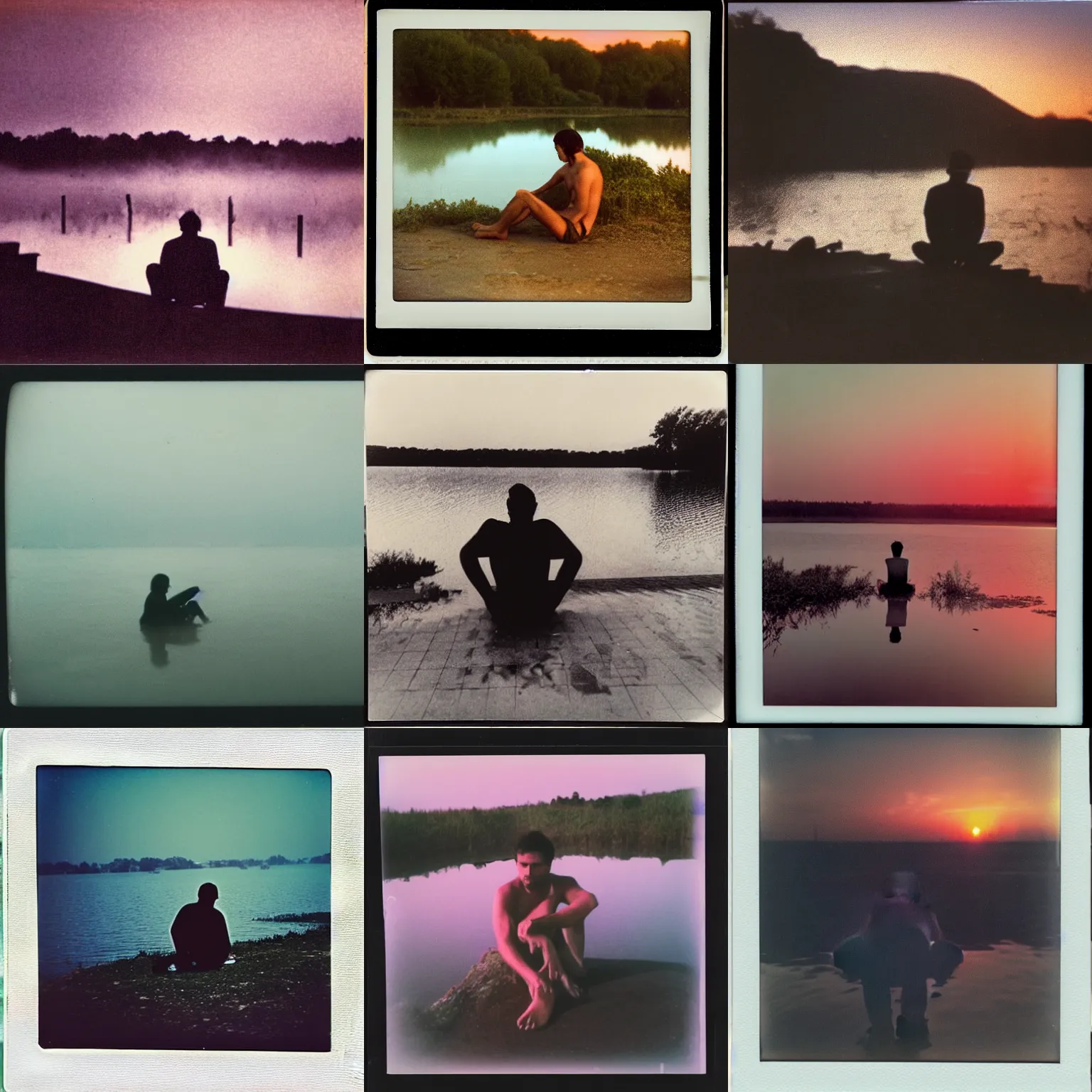 Prompt: extremely sad scene of a man sitting on the edge of a lagoon, mist, bloody sunset, polaroid photography from the 70s