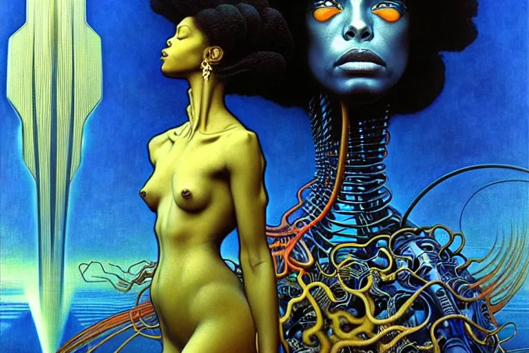 Image similar to realistic extremely detailed portrait painting of a beautiful black woman with a robot, futuristic sci-fi landscape on background by Jean Delville, Amano, Yves Tanguy, Mark Brooks, Alphonse Mucha, Ernst Haeckel, Edward Robert Hughes, Roger Dean, rich moody colours, blue eyes