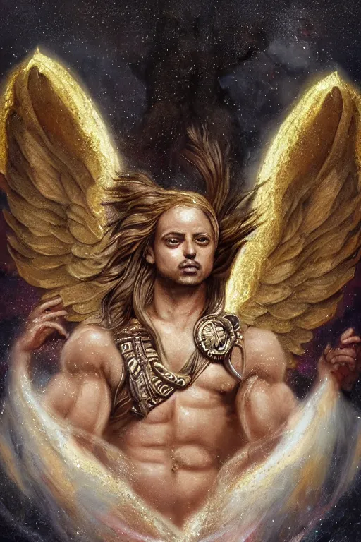 Prompt: God with a Chihuahua's head, a radiant halo and wings, detailed face, gorgeous, flowing hair, very muscular male body, partial anatomy, stormy and grand war scene, delicate and intricate borders for decoration, caesar victorious, proud Emperor, split lighting, character close-up, intricate, highly detailed, 8K, digital painting, fantasy, concept art, sharp focus, art by greg rutkowski beeple and alphonse mucha