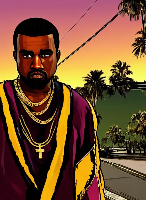 Prompt: illustration gta 5 artwork of holy saint kanye west, gold, ( jesus ), in the style of gta 5 loading screen, by stephen bliss