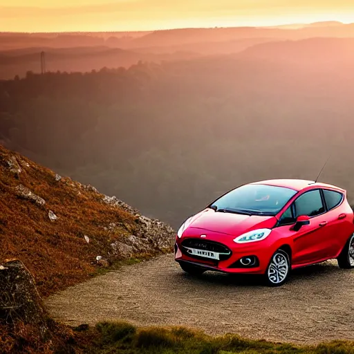 Prompt: red ford fiesta mk 6 zetec on a mountain road, award winning photograph, golden hour