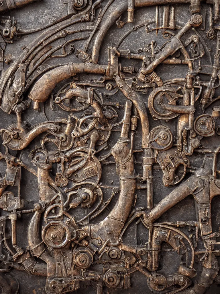 Image similar to relief sculpture carving in rusted steel of machine guns, industrial pipes, shotguns, revolvers, bullets, valves, dramatic lighting, hyperrealistic, ultrarealistic, intricate details, 4k