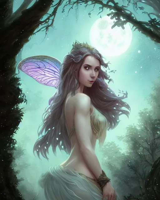 Image similar to attractive fairy goddness fly high in the night, d & d, fantasy, mist, full moon in background, trees, hyper detailed, art by artgerm and greg rutkowski and magali villeneuve, midium shot, 8 k realistic, cryengine, digital painting, trending on artstation, concept art, sharp focus, illustration,