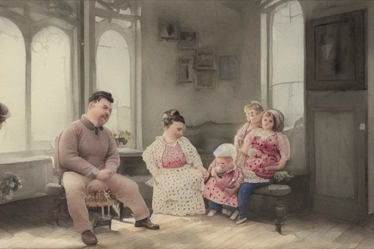 Image similar to charming and chubby parents and their very fat baby girl, wearing a polka dot cloths and a victorian - style hairdo, sits in the large and bright studio. sunlight enters through the barred window. delicate watercolor and pencil on canvas. beautiful lighting, 4 k post - processing, highly detailed, 5 k extremely detailed, 3 d. cinematic scene.