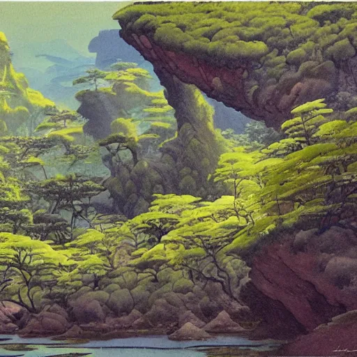 Prompt: painting of a lush natural scene on an alien planet by hiroshi yoshida. beautiful landscape. weird vegetation. cliffs and water.